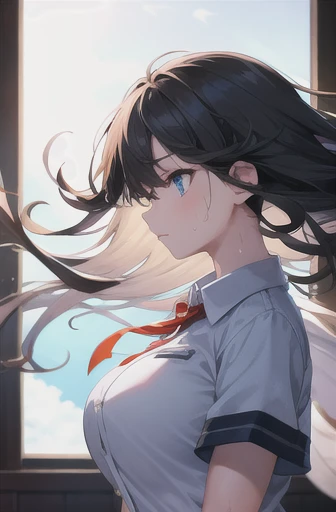 disorganized, High resolution, highest quality, girl, blue eyes, Wind, Wind lift, black hair, long hair, indoors, Sweat, big breasts, uniform, floating hair, dull bangs,upward glance