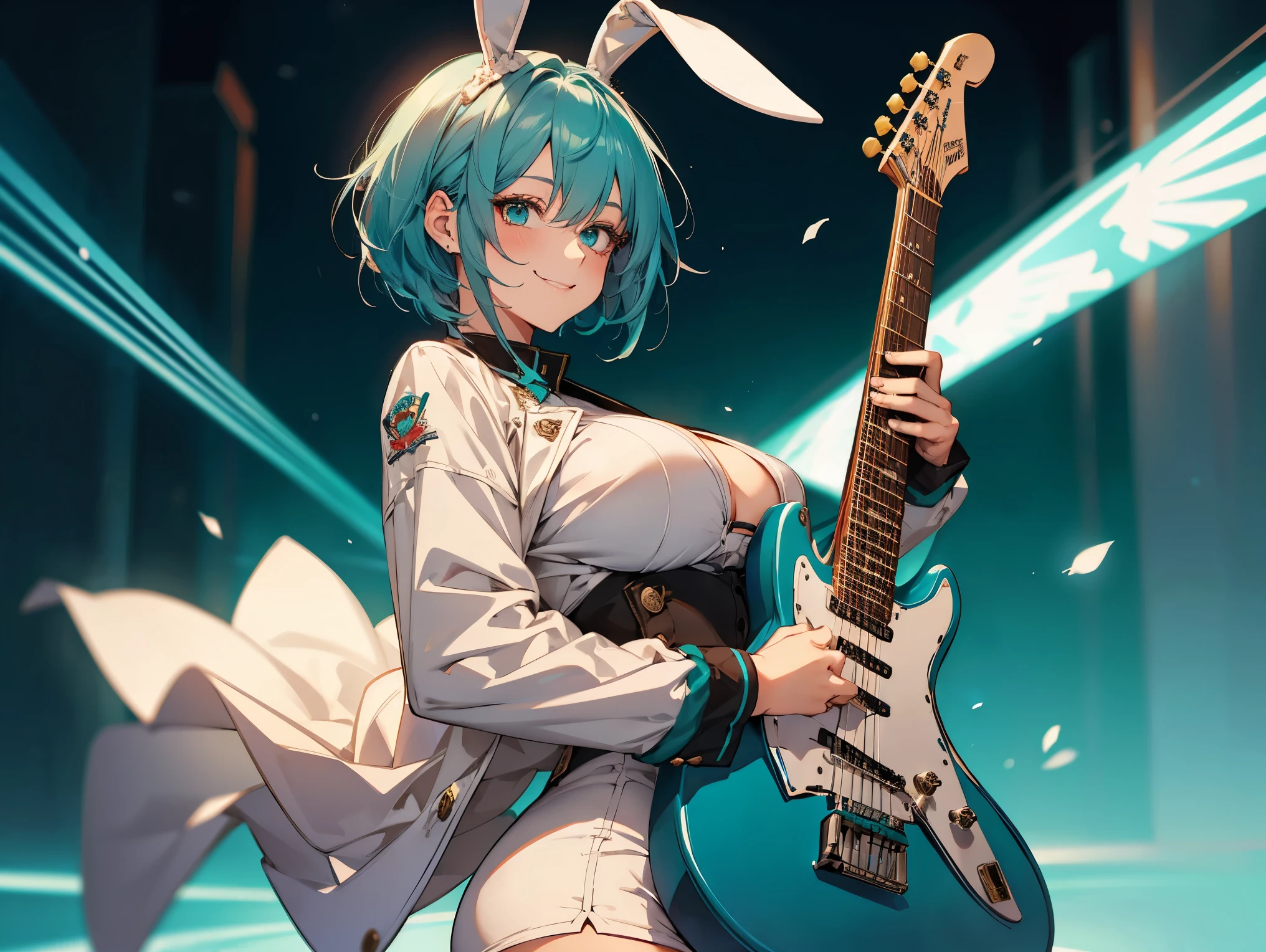 1female, teacher, wearing a white suit, bootyshorts, teal bunny ears, Thicc, big breast, teal hair, short hair, blue eyes, face to detail, detailed eyes, the background is a pizzaria, smiling, holding a red electric guitar