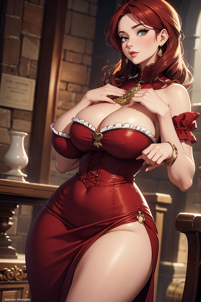 A sexy/cute dickensian lady sweet/wholesome skinney , curvy, hyper-hourglass figure. Traditional/conservative dress. Exudes love, conservative values. Thick Red hair. elegant dickensian dress. mature woman,  mature woman, heavy chest, fair-skinned woman, Curved waist, view viewer, Face Madura, curvaceous woman, thick thighs, Delicate gloves,  soft chest, attractive look, impressive woman, romantic mood.
