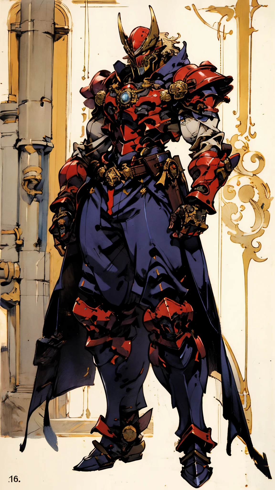 A man with short golden hair slicked back, his face entirely obscured by a Dynastinae concept mask, full mask, cold gaze, clad in an indigo blue fantasy-style Dynastinae concept chest plate, his arms and legs are clad in matching armor, he wears a white undershirt and trousers with golden stripes, standing within a magnificent fantasy-style palace, this character embodies a finely crafted fantasy-style masked light armor warrior in anime style, exquisite and mature manga art style, high definition, best quality, highres, ultra-detailed, ultra-fine painting, extremely delicate, professional, perfect body proportions, golden ratio, anatomically correct, symmetrical face, extremely detailed eyes and face, high quality eyes, creativity, RAW photo, UHD, 32k, Natural light, cinematic lighting, masterpiece-anatomy-perfect, masterpiece:1.5