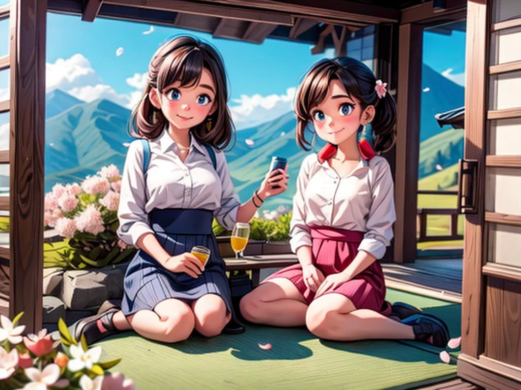 From the window of the mountain hut, you can see the lush green mountains and cherry blossoms in full bloom, the blue sky, white clouds, and the refreshing spring breeze coming into the room and shaking the curtains.  A girl sitting and viewing cherry blossoms