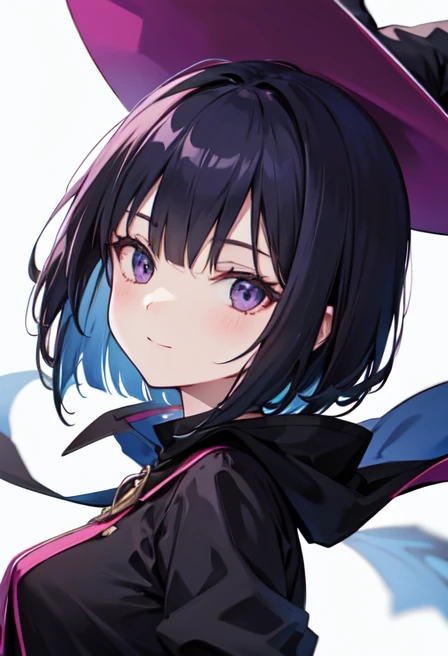 Witch's outfit, Anime-style portrait of a girl with a deep violet bob cut making eye contact with the camera, bright eyes, baby-faced, subtle smile, minimalistic background to emphasize character, high contrast, clean lines, digital painting, vivid colors