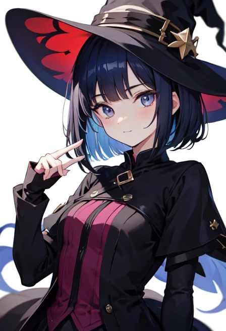 Witch's outfit, Anime-style portrait of a girl with a deep violet bob cut making eye contact with the camera, bright eyes, baby-faced, subtle smile, minimalistic background to emphasize character, high contrast, clean lines, digital painting, vivid colors