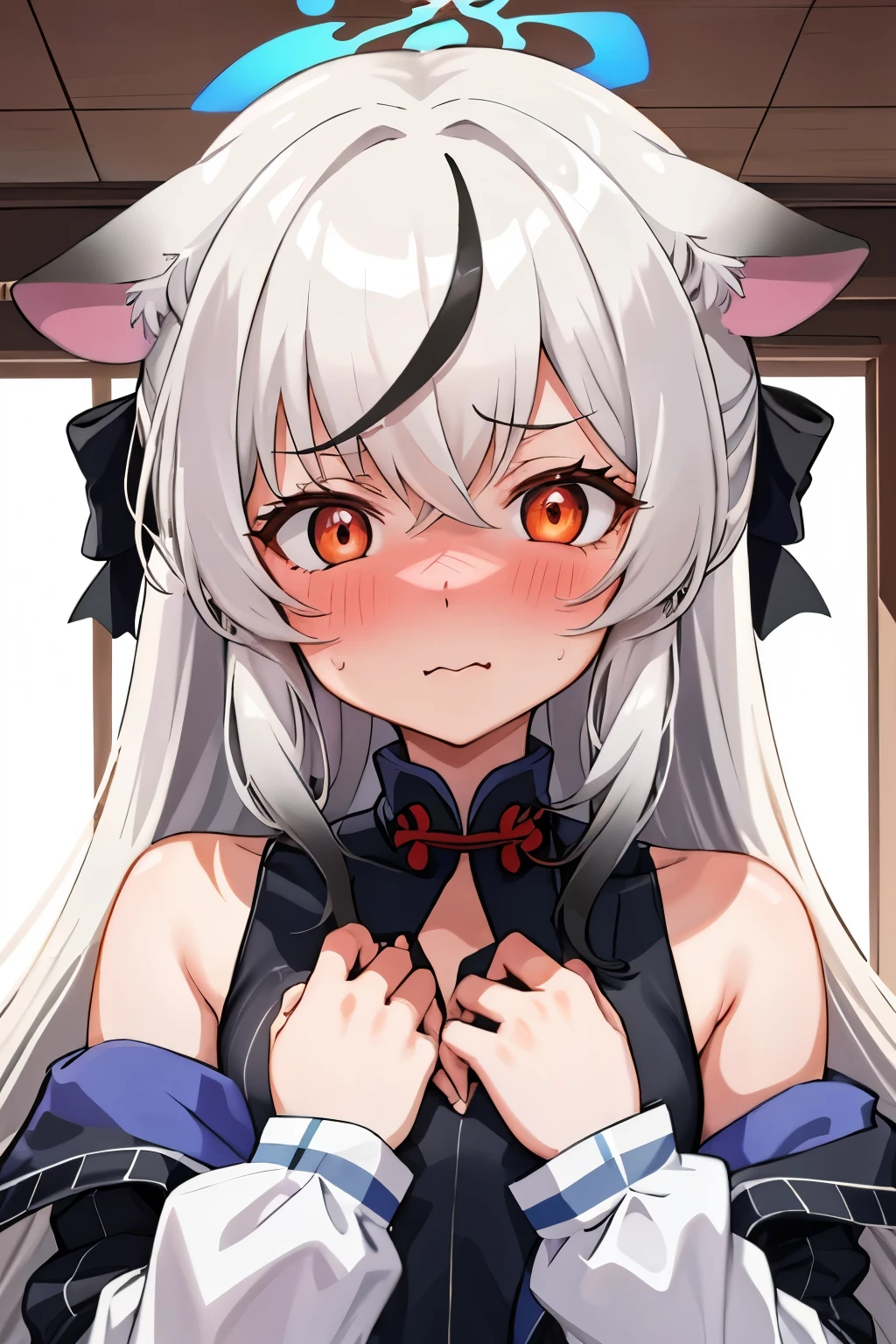1girl, kokona, indoors, orange eyes, white hair, :3 mouth, embarrassed, beautiful eyes, beautiful lips, shiny lips, extremely detailed eyes and face, long eyelashes, close-up, warm lighting, vibrant colors, looking at the viewer, embarrassed look, blush, Winter suit, winter wonder