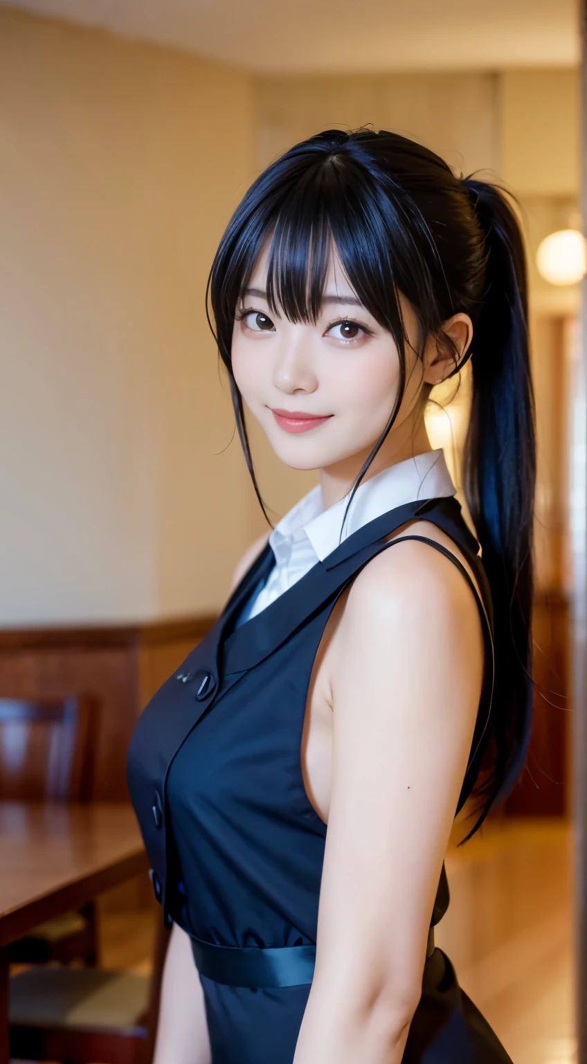 (highest quality,masterpiece:1.3,ultra high resolution,),(Super detailed,caustics),(Photoreal:1.4,RAW shooting,)ultra-realistic capture,very detailed,High resolution 16K human skin close-up。 natural skin texture、,The pores are、、、、Must be detailed enough to be easily identified。 Skin should look even-toned and healthy。 Use natural light and color,restaurant,waitress uniform,1 girl,Japanese,18-year-old,cute,black haired,ponytail,big breasts,smile,turn your body forward,(Front view:1.1),look at the camera,cowboy shot,