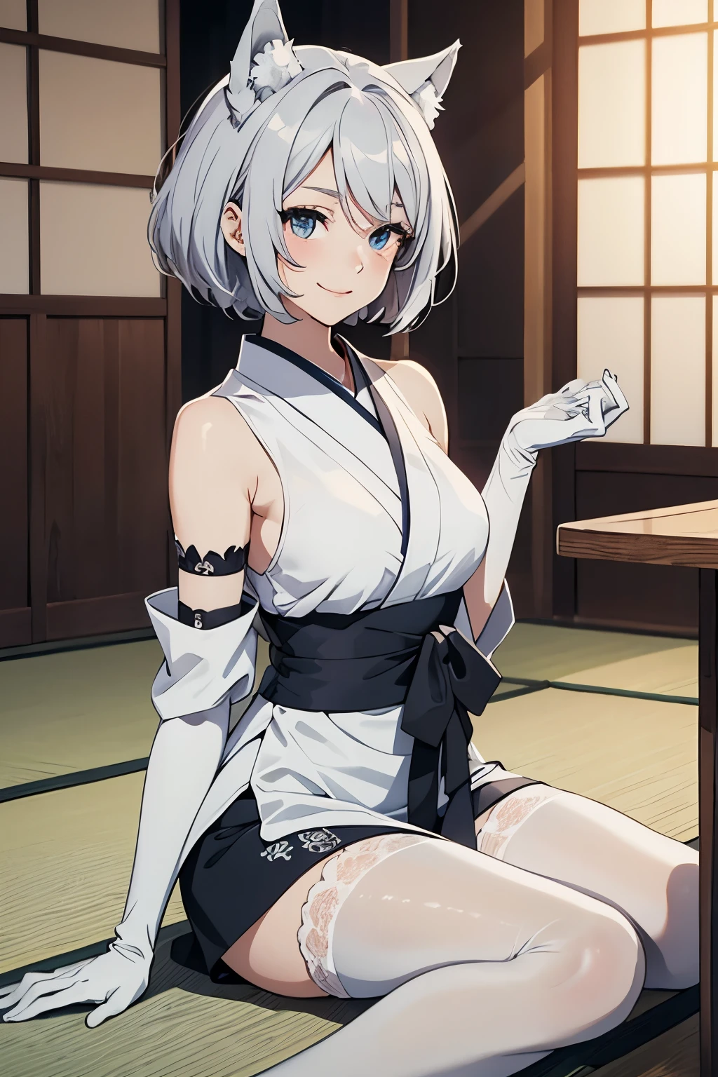 Tabletop High resolution Best image quality 8k Adult female Anime Style White long gloves(Elbow Gloves) White kimono(Sleeveless) White Stockings White wolf ears short hair((Shortcuts)(Gray Hair)(Perm)(fluffy)) blue eyes smile((Open your mouth)) restaurant