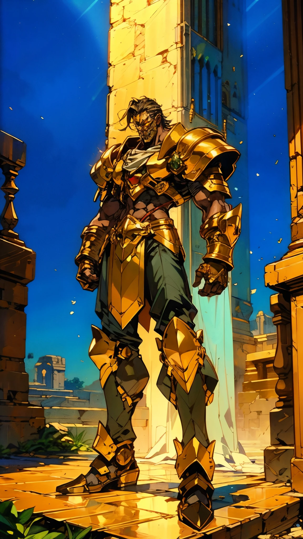 A man with short golden hair slicked back, his face entirely obscured by a Dynastinae concept mask, full mask, cold gaze, clad in an indigo blue fantasy-style Dynastinae concept chest plate, his arms and legs are clad in matching armor, he wears a white undershirt and trousers with golden stripes, standing within a magnificent fantasy-style palace, this character embodies a finely crafted fantasy-style masked light armor warrior in anime style, exquisite and mature manga art style, high definition, best quality, highres, ultra-detailed, ultra-fine painting, extremely delicate, professional, perfect body proportions, golden ratio, anatomically correct, symmetrical face, extremely detailed eyes and face, high quality eyes, creativity, RAW photo, UHD, 32k, Natural light, cinematic lighting, masterpiece-anatomy-perfect, masterpiece:1.5
