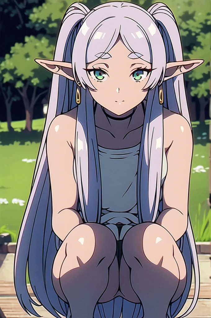 1 girl, (masterpiece:1.3), (High resolution), (8K), (very detailed), (4k), (pixiv), perfect face, Beautiful eyes and face, (最high quality), (Super detailed), detailed face and eyes, (alone), rough skin, disorganized, High resolution, Uzu_fast_no_freezing_style, Uzu_fast_no_freezing_style, twin tails, very long hair, silver hair, pointed ears, goblin, white capelet, green eyes, black pantyhose, earrings, white skirt, high quality,photo, 1girl, nude, peeing, squatting, river, touching vagina