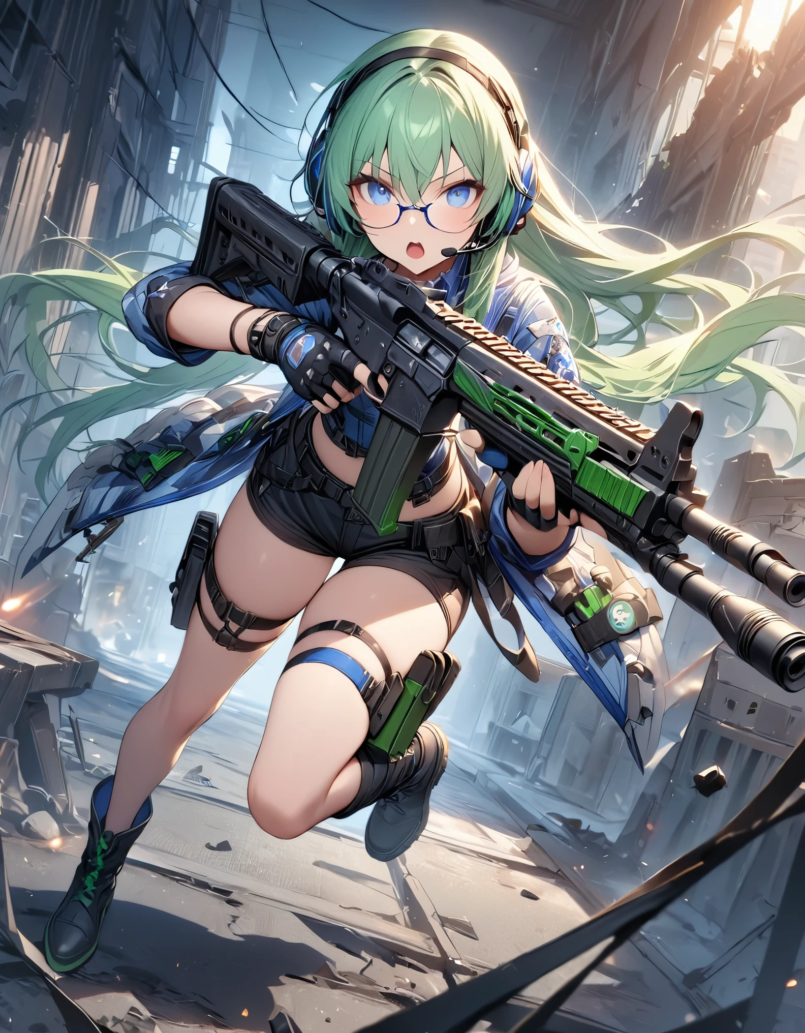 best quality, masterpiece, 1girl, assault rifle, blue eyes, full body, gloves, green hair, gun, handgun, headset, holding gun, holding weapon, holster, kochiy sanae, open mouth, pistol, solo, thigh holster, thigh strap, trigger discipline, weapon, glasses, black shorts, black boots, fingerless gloves