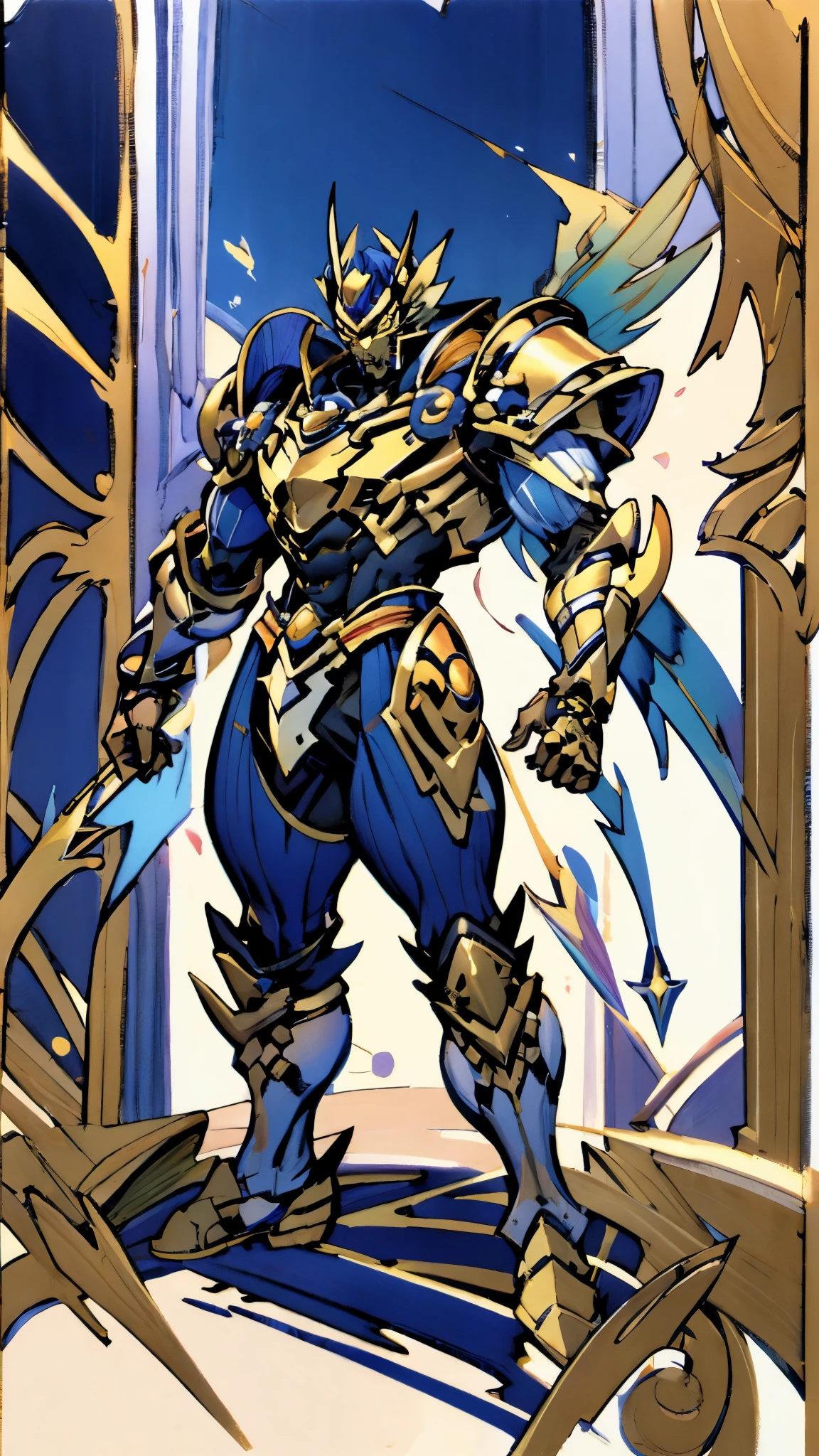 A man with short golden hair slicked back, his face entirely obscured by a Dynastinae concept mask, full mask, cold gaze, clad in an indigo blue fantasy-style Dynastinae concept chest plate, his arms and legs are clad in matching armor, he wears a white undershirt and trousers with golden stripes, standing within a magnificent fantasy-style palace, this character embodies a finely crafted fantasy-style masked light armor warrior in anime style, exquisite and mature manga art style, high definition, best quality, highres, ultra-detailed, ultra-fine painting, extremely delicate, professional, perfect body proportions, golden ratio, anatomically correct, symmetrical face, extremely detailed eyes and face, high quality eyes, creativity, RAW photo, UHD, 32k, Natural light, cinematic lighting, masterpiece-anatomy-perfect, masterpiece:1.5