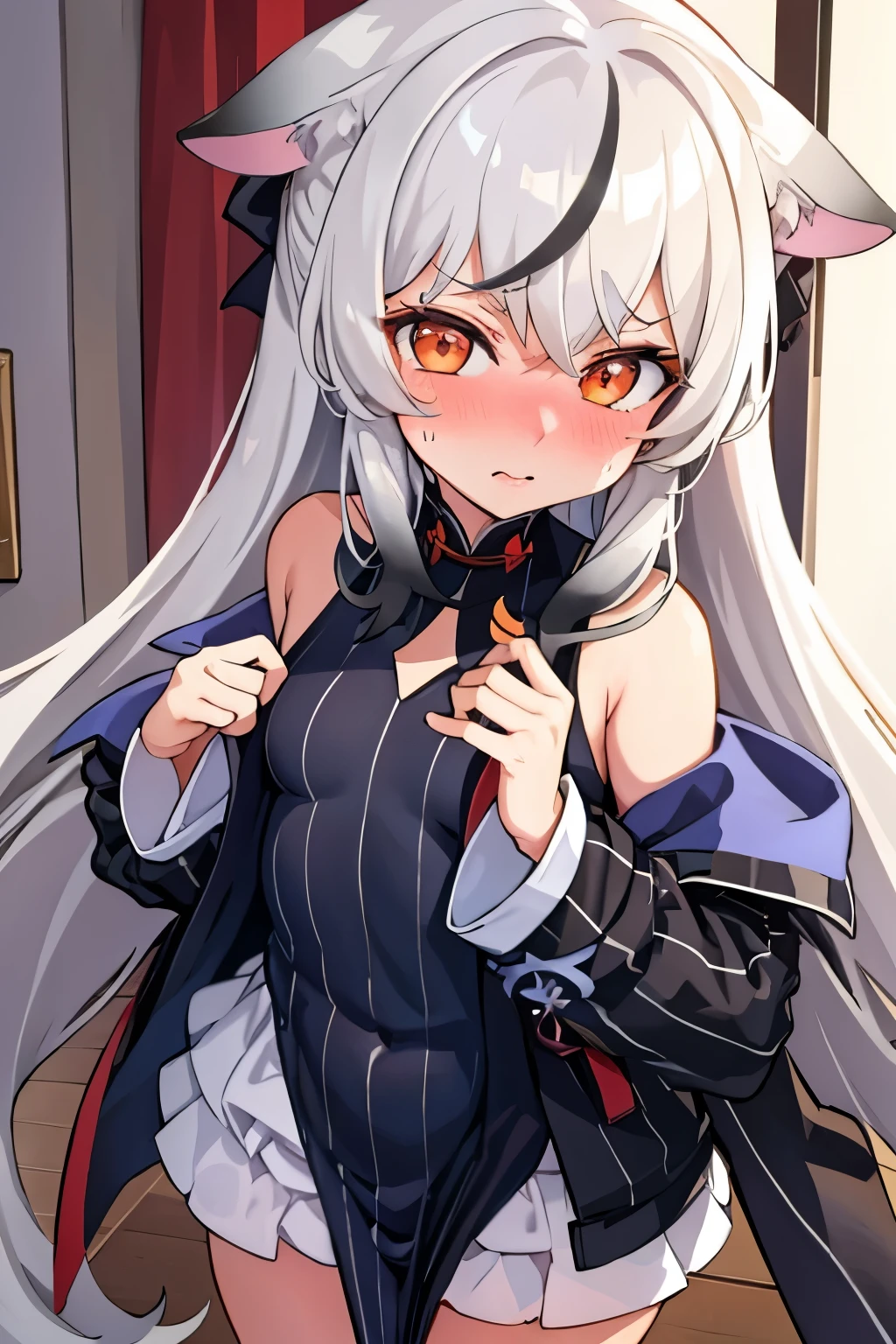 1girl, kokona, indoors, orange eyes, white hair, :3 mouth, embarrassed, beautiful eyes, beautiful lips, shiny lips, extremely detailed eyes and face, long eyelashes, close-up, warm lighting, vibrant colors, looking at the viewer, embarrassed look, blush, Winter suit, winter wonder