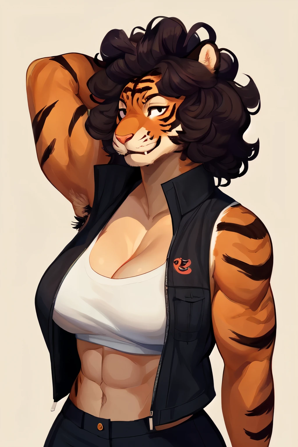 By bigcozyorca, by bebebebebe, by buta99, solo, female, (hair, snout), tiger, ((muscular, tall)), flexing, biceps, woman, armpit hair, cleavage, smirking, fangs, curly hair, standing, burly, sleeveless jacket, broad shoulders,small breasts

