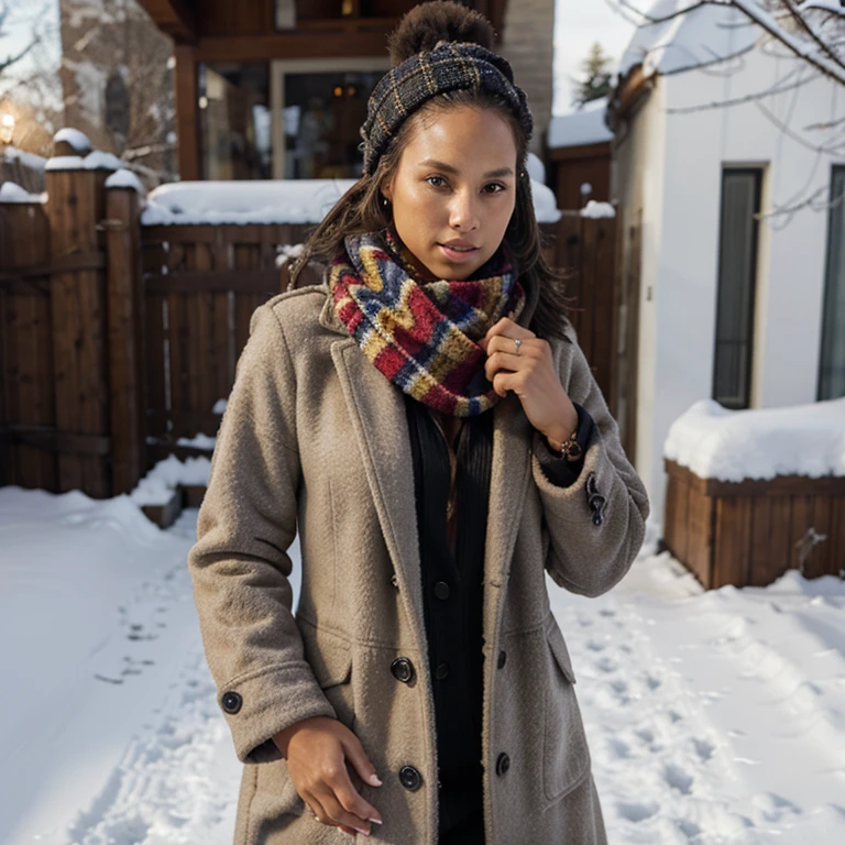 Alicia Keys in the snow dressed in a coat and scarf