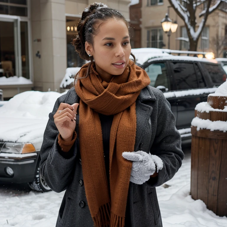 Alicia Keys in the snow dressed in a coat and scarf