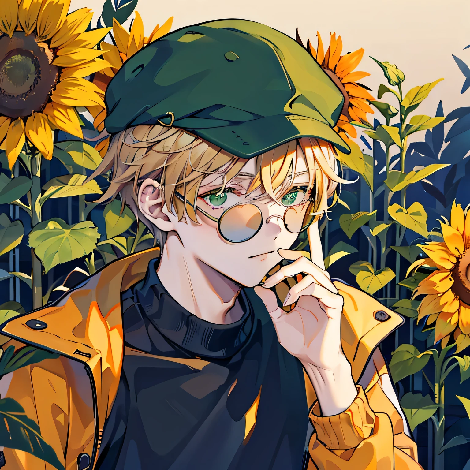 A 21 years old boy, with medium blonde hair, Green eyes, wearing a Green cap with a sunflower on top of It,a Orange round glasses, a sweater underneath a Orange coat, with magical blue Flames surrounding him