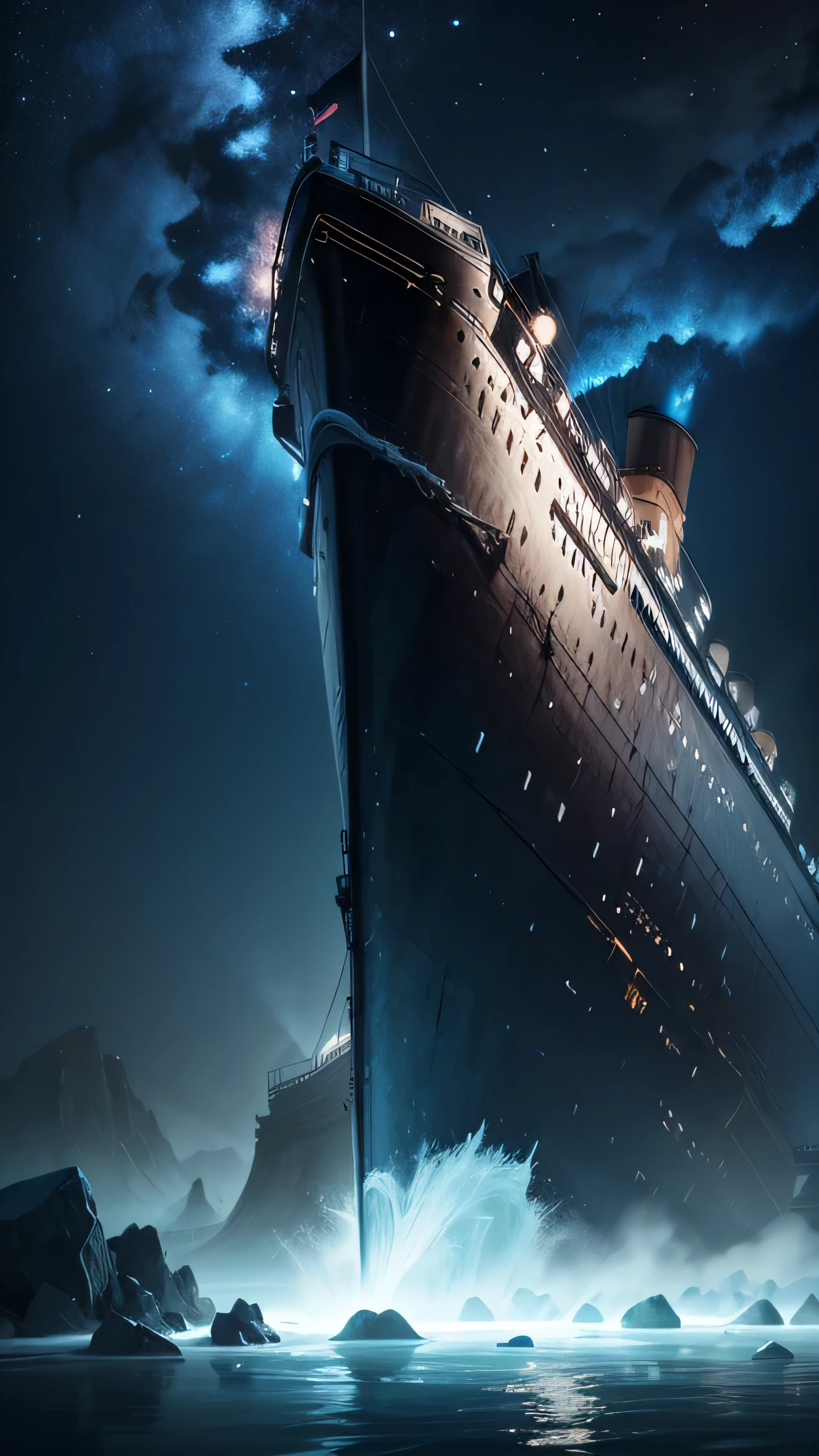 The Titanic crashed into the ice reef, night sky, 8k
