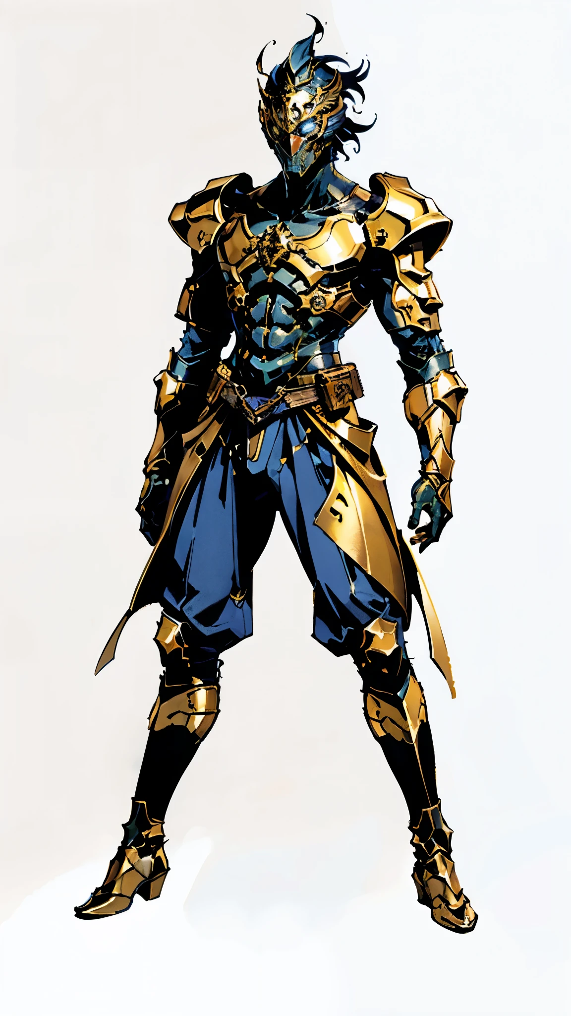 A man with short golden hair slicked back, his face entirely obscured by a Dynastinae concept mask, full mask, cold gaze, clad in an indigo blue fantasy-style Dynastinae concept chest plate, his arms and legs are clad in matching armor, he wears a white undershirt and trousers with golden stripes, standing within a magnificent fantasy-style palace, this character embodies a finely crafted fantasy-style masked light armor warrior in anime style, exquisite and mature manga art style, high definition, best quality, highres, ultra-detailed, ultra-fine painting, extremely delicate, professional, perfect body proportions, golden ratio, anatomically correct, symmetrical face, extremely detailed eyes and face, high quality eyes, creativity, RAW photo, UHD, 32k, Natural light, cinematic lighting, masterpiece-anatomy-perfect, masterpiece:1.5