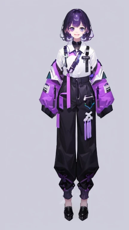 purple hair girl,medium hair,Harness,pants,simple background,smile,whole body,full body,full body,Standing picture,vtuber,front,from front,Viewer's perspective,視線をfrontに,