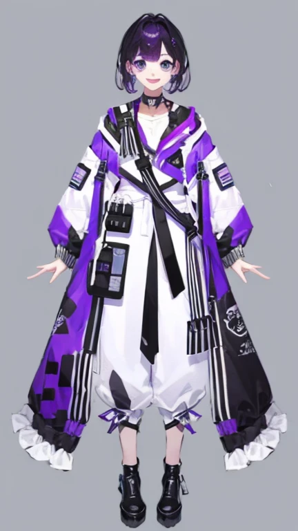 purple hair girl,medium hair,Harness,pants,simple background,smile,whole body,full body,full body,Standing picture,vtuber,front,from front,Viewer's perspective,視線をfrontに,