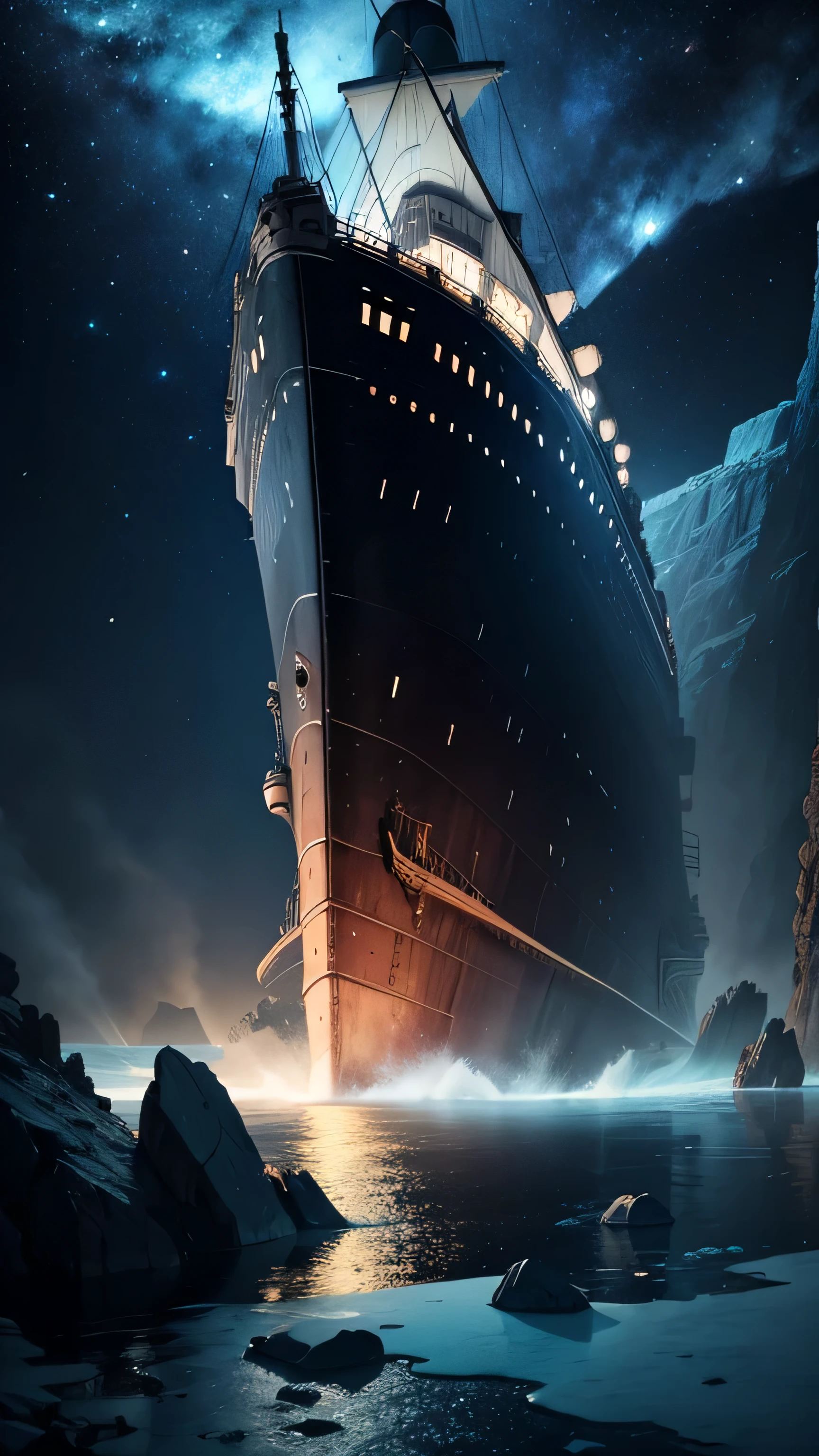 The Titanic crashed into the ice reef, night sky, 8k