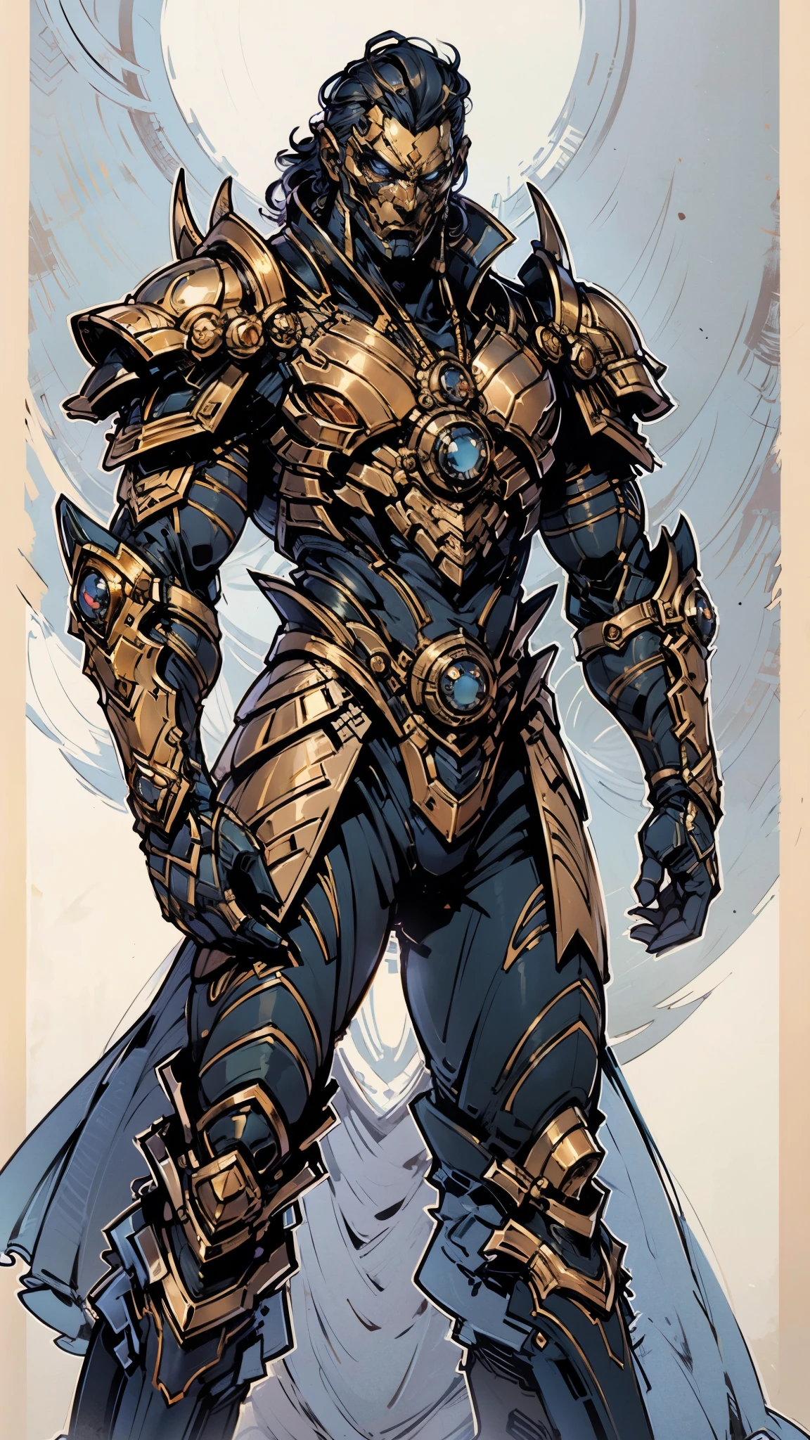 A man with short golden hair slicked back, his face entirely obscured by a Dynastinae concept mask, full mask, cold gaze, clad in an indigo blue fantasy-style Dynastinae concept chest plate, his arms and legs are clad in matching armor, he wears a white undershirt and trousers with golden stripes, standing within a magnificent fantasy-style palace, this character embodies a finely crafted fantasy-style masked light armor warrior in anime style, exquisite and mature manga art style, high definition, best quality, highres, ultra-detailed, ultra-fine painting, extremely delicate, professional, perfect body proportions, golden ratio, anatomically correct, symmetrical face, extremely detailed eyes and face, high quality eyes, creativity, RAW photo, UHD, 32k, Natural light, cinematic lighting, masterpiece-anatomy-perfect, masterpiece:1.5