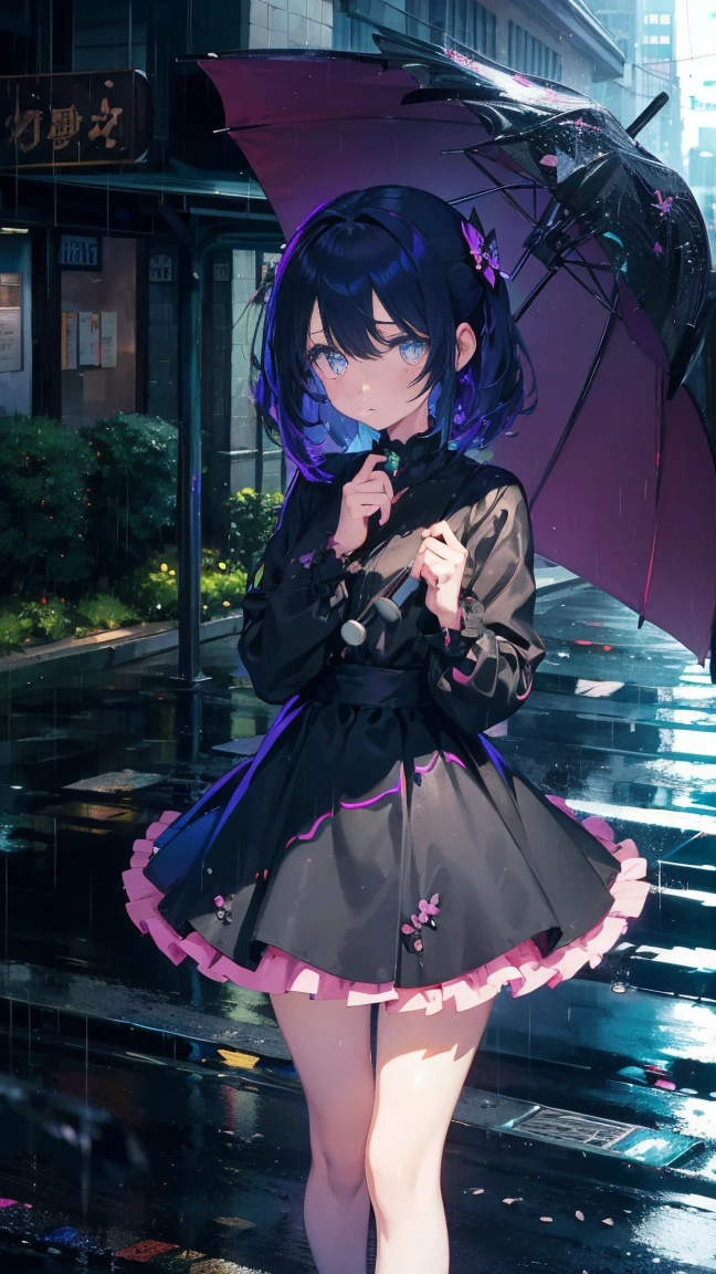 1 anime girl, alone,Black petals flutter, A mysteriously shining butterfly.city,vivid hair,Vivid gemstone eyes,thin legs,Gloomy cloudy sky,sad expression,very clear,highest quality,rainy city,have an umbrella,standing on the street corner,Are crying,tears