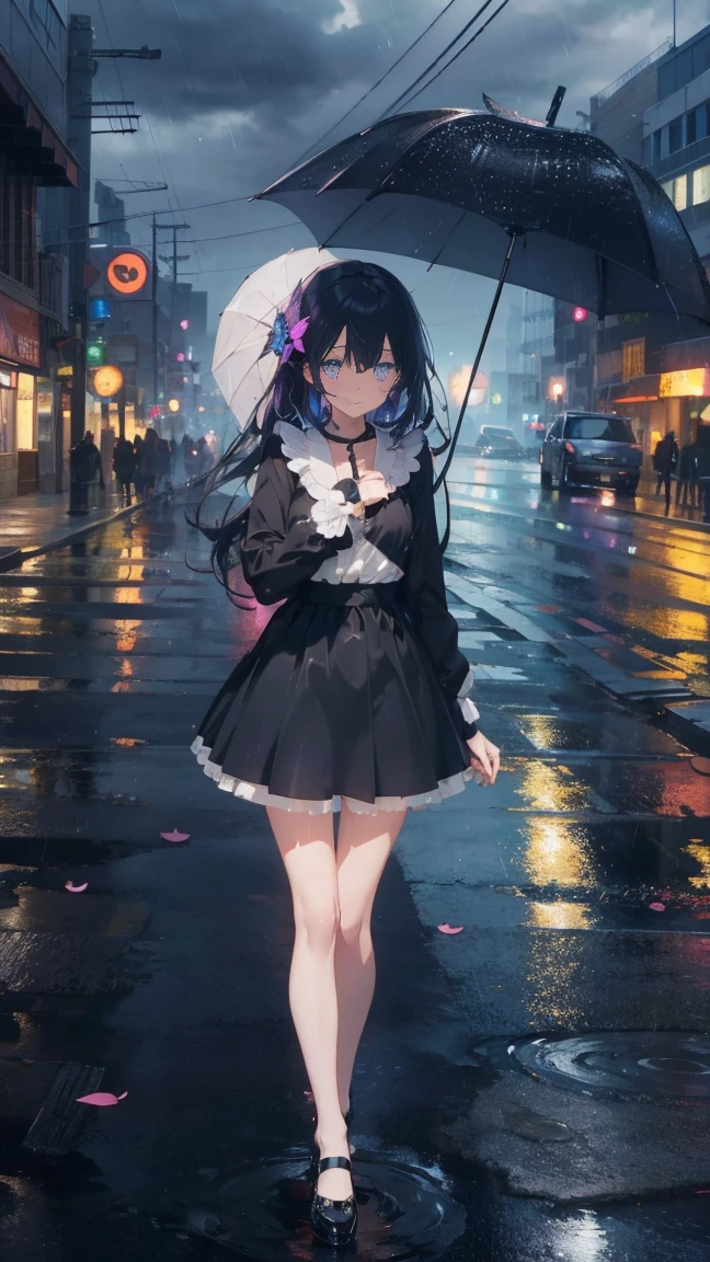 1 anime girl, alone,Black petals flutter, A mysteriously shining butterfly.city,vivid hair,Vivid gemstone eyes,thin legs,Gloomy cloudy sky,sad expression,very clear,highest quality,rainy city,have an umbrella,standing on the street corner,Are crying,tears