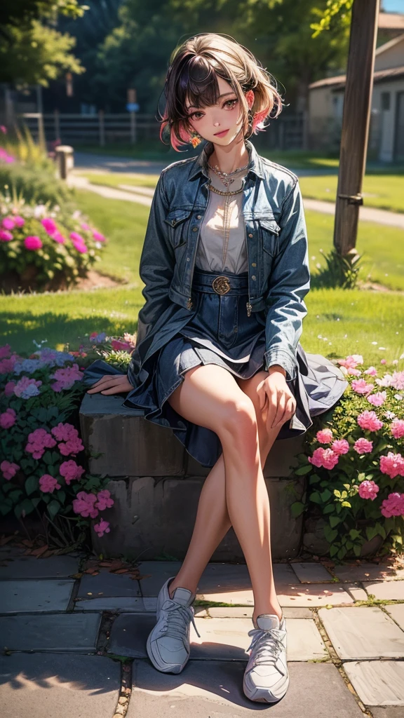 (Highly detailed CG unit 8k wallpaper, masterpiece, High resolution, highest quality, highest qualityのリアルテクスチャスキン), Fashion model sitting on the edge of a flower bed, Close-up:1.2, Nana Komatsu, smile, Asymmetrical coral short hair, Stalgic and inorganic fashion, (detailed costume, Maxi-length layered tight skirt:1.3, Long sleeve wide denim jacket:1.3, white sneakers), (An empty alley in the French countryside:1.3, Colourful flower beds along the road, cobblestone road), hyper realistic, digital painting, concept art,