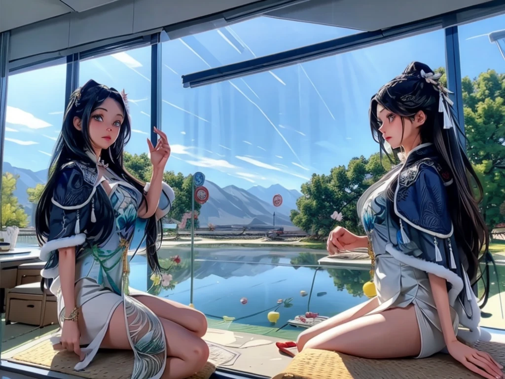 From the window of the mountain hut, you can see the lush green mountains and cherry blossoms in full bloom, the blue sky, white clouds, and the refreshing spring breeze coming into the room and shaking the curtains.  A girl sitting and viewing cherry blossoms