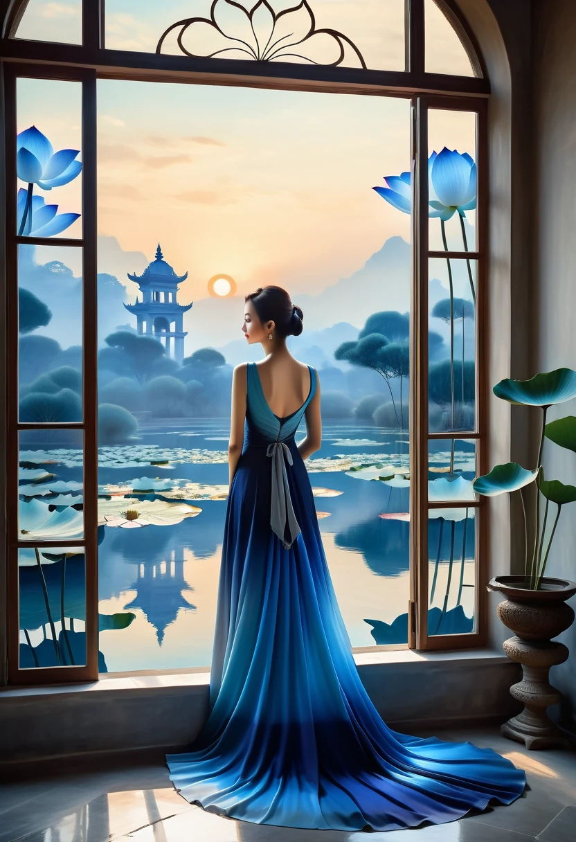 The scenery outside the window,(Looking out from the window:1.5),Roman style windows,An elegant woman wearing a blue gradient dress standing by the window. A large lotus pond outside the window, creating a surreal ambiance. Inspired by concept artist Mobius, The color has a strong contrast between light gray and dark navy blue, Create a sense of mystery.