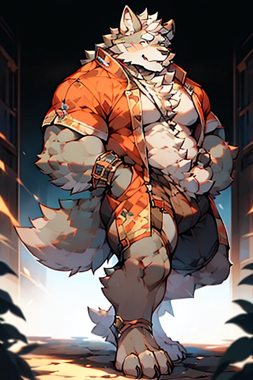 Anthropomorphic wolf，werewolf，man，large body,  hair, father, dad, vast pecs，Thick shoulders，Developed limbs， upper body，Thigh-to-foot unobstructed，Huge ，Cortical arm ring，Cortical collar, facing to audience，From the side，Limbs with belts wrapped around，hd，high detail，masterpiece，Full body photo