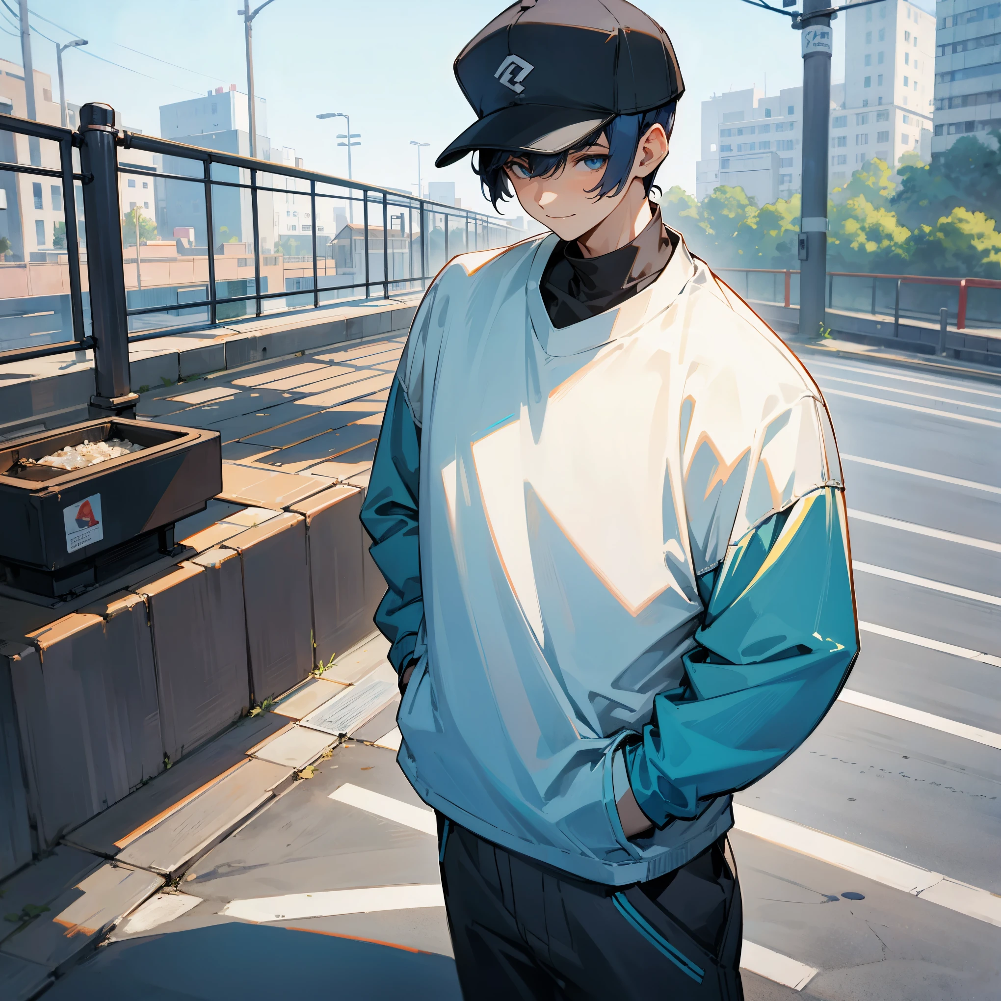 1male , Bowl Cut Hair , Undercut Hair , Lean Musculad Build , Longsleeve Shirt , Casual Clothing , Happy Expression , Baseball Cap , Standing on sidewalk