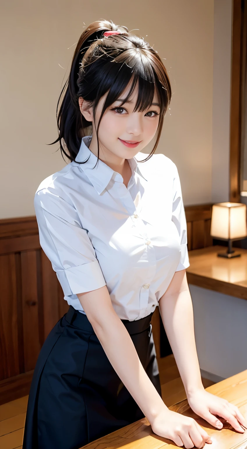 (Highest quality,masterpiece:1.3,Ultra-high resolution,),(Very detailed,Caustics),(Realistic:1.4,RAW shooting,)Ultra-Realistic Capture,Very detailed,High resolution 16K human skin closeup。 Natural skin texture、,pores、、、、It must be detailed enough to be easily identifiable。 Skin tone is even and healthy looking。 Use natural light and colour,restaurant,Waitress Uniform,1 girl,Japanese,18-year-old,cute,Black-haired,ponytail,Big Breasts,smile,Turn your body forward,(Front view:1.1),Looking into the camera,Cowboy Shot,