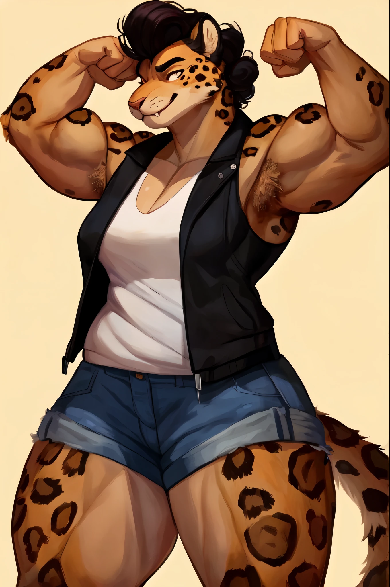 By bigcozyorca, by bebebebebe, by buta99, solo, female, (hair, snout), leopard, ((muscular, tall)), flexing, biceps, woman, armpit hair, cleavage, smirking, fangs, curly pompadour, standing, burly, sleeveless jacket, broad shoulders, small breasts, huge, slightly chubby , wide back, small hips, big chest muscles
