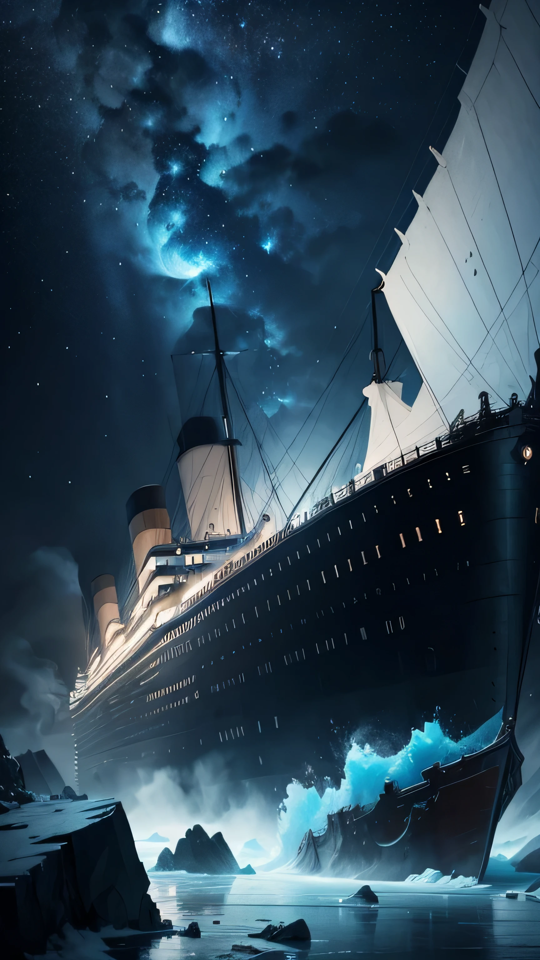 The Titanic crashed into the ice reef, broken, destroyed, night sky, 8k