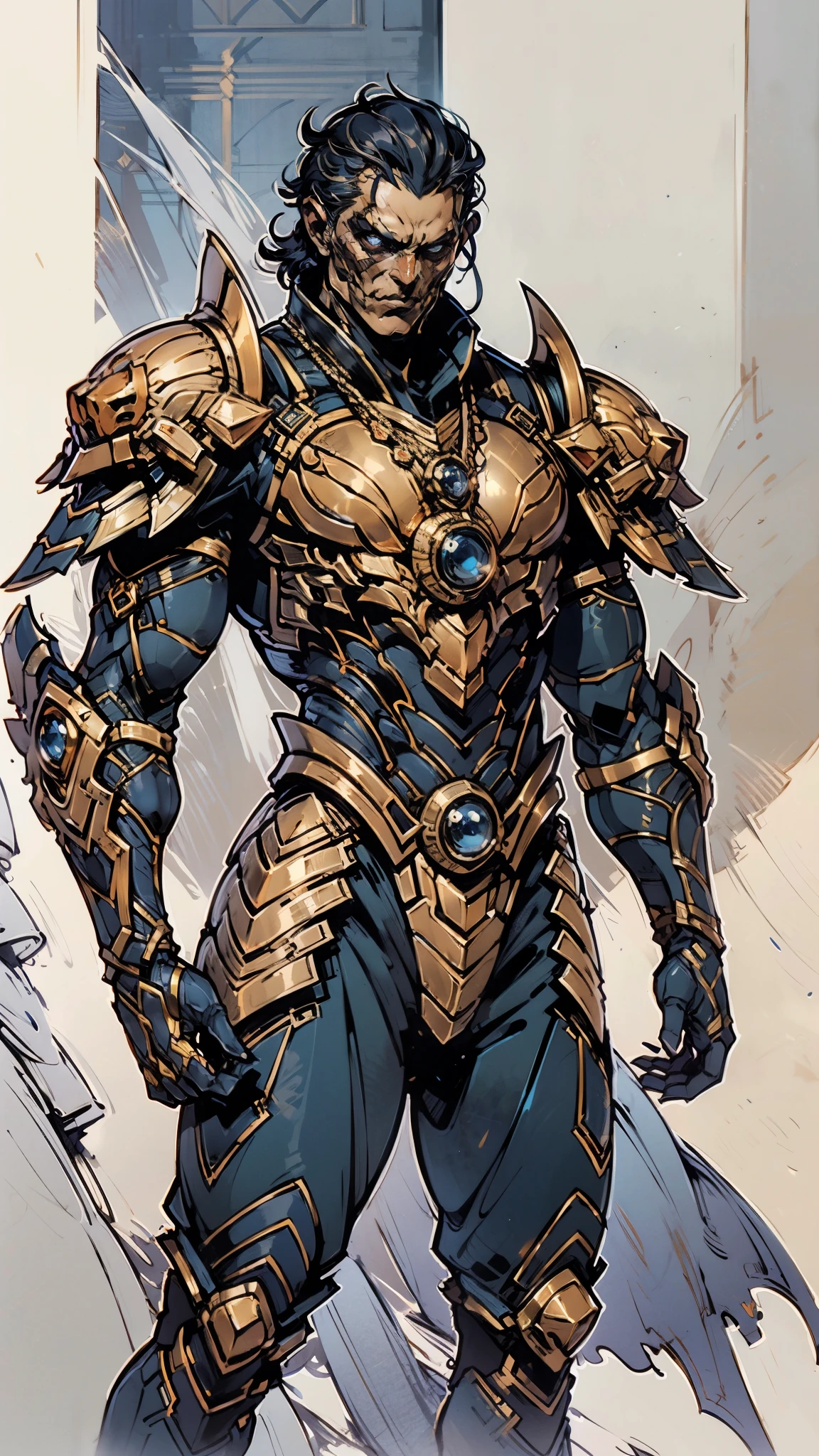 A man with short golden hair slicked back, his face entirely obscured by a Dynastinae concept mask, full mask, cold gaze, clad in an indigo blue fantasy-style Dynastinae concept chest plate, his arms and legs are clad in matching armor, he wears a white undershirt and trousers with golden stripes, standing within a magnificent fantasy-style palace, this character embodies a finely crafted fantasy-style masked light armor warrior in anime style, exquisite and mature manga art style, high definition, best quality, highres, ultra-detailed, ultra-fine painting, extremely delicate, professional, perfect body proportions, golden ratio, anatomically correct, symmetrical face, extremely detailed eyes and face, high quality eyes, creativity, RAW photo, UHD, 32k, Natural light, cinematic lighting, masterpiece-anatomy-perfect, masterpiece:1.5