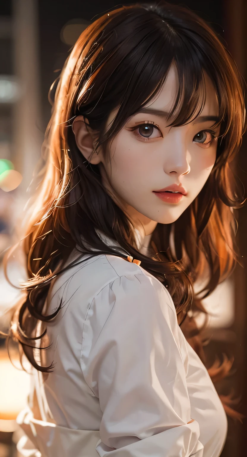 Masterpiece, 1 beautiful girl, Detailed eyes, Puffy eyes, Best quality, hyper HD, (reality: 1.4), Cinematic lighting, Japan, Asian beauty, Korean, Super beautiful, Beautiful skin, Slender, body facing front, (Ultra-realistic), (high resolution), (8K), (Very detailed), (Best Illustration), (Beautiful and detailed eyes), (Super detailed), (the wallpaper), Detailed face, Bright lighting, Professional lighting, looking at viewert, Staring straight ahead, The costume is a neat light orange shirt and dress, 46-point diagonal bangs, Night view, Black hair (Some orange hair with mesh), Nogizaka 46, Asuka Saito,