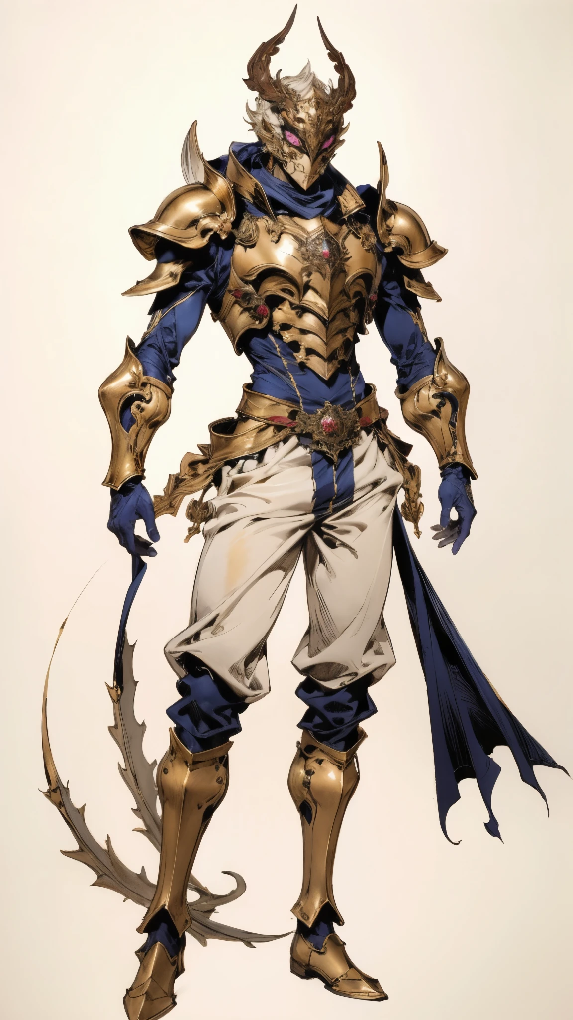A man with short golden hair slicked back, his face entirely obscured by a Dynastinae concept mask, full mask, cold gaze, clad in an indigo blue fantasy-style Dynastinae concept chest plate, his arms and legs are clad in matching armor, he wears a white undershirt and trousers with golden stripes, standing within a magnificent fantasy-style palace, this character embodies a finely crafted fantasy-style masked light armor warrior in anime style, exquisite and mature manga art style, high definition, best quality, highres, ultra-detailed, ultra-fine painting, extremely delicate, professional, perfect body proportions, golden ratio, anatomically correct, symmetrical face, extremely detailed eyes and face, high quality eyes, creativity, RAW photo, UHD, 32k, Natural light, cinematic lighting, masterpiece-anatomy-perfect, masterpiece:1.5