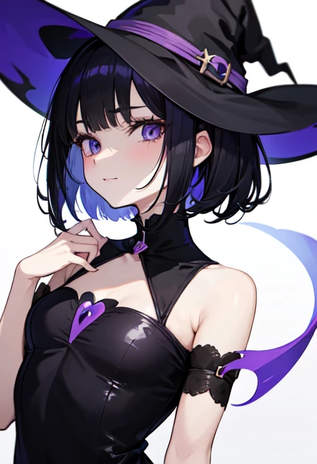 Witch's outfit, Anime-style portrait of a girl with a deep violet bob cut making eye contact with the camera, bright eyes, hazel eyes, baby-faced, subtle smile, minimalistic background to emphasize character, high contrast, clean lines, digital painting, vivid colors