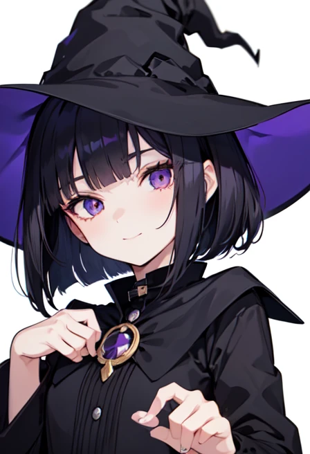 Witch's outfit, Anime-style portrait of a girl with a deep violet bob cut making eye contact with the camera, bright eyes, hazel eyes, baby-faced, subtle smile, minimalistic background to emphasize character, high contrast, clean lines, digital painting, vivid colors