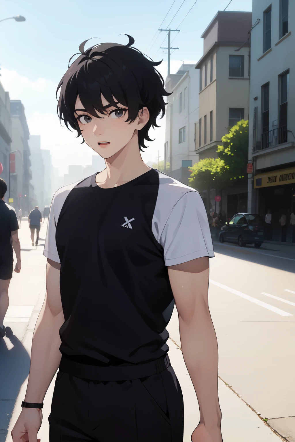 ((best quality)), ((master piece)), (detallado), (8k), 5'6", 1 guy, 18 years old, tall, slightly attractive, athletic, black hair, black eyes, , una cicatriz en la mejilla, caminando en la ciudad, ojos perfectos, cabello medio-corto, roba holgada