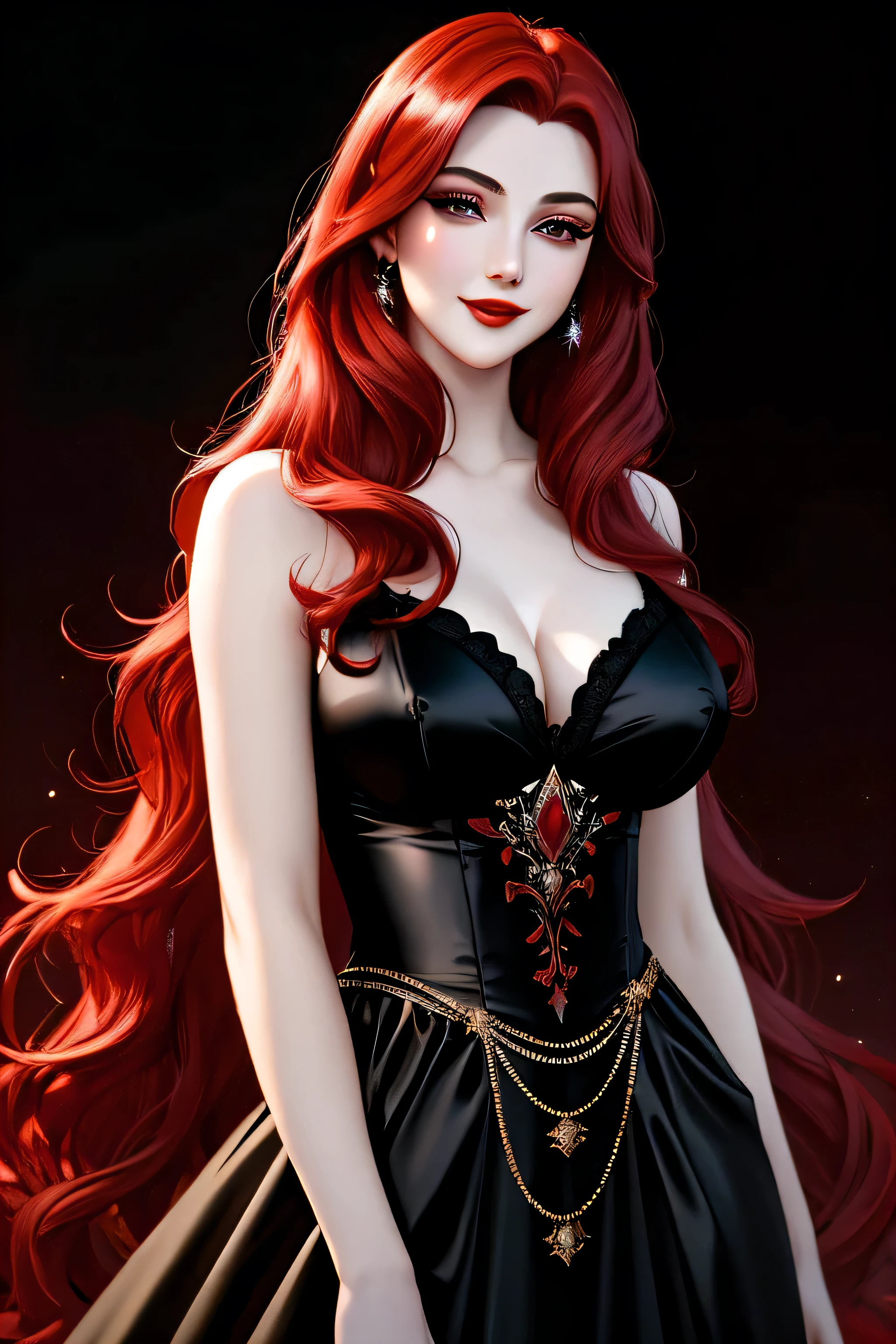 (Masterpiece, Best Quality:1.3), absurdres, (8k resolution), illustration, ((outline, thick lineart)), (faux traditional media:1.3), looking at viewer,(masterpiece,best quality),HDR,high-definition,[[Intricate Details]],cinematic,photorealisticportrait shot, ((vivid red hair)), mature woman, 30 years old, diamond face, moonlight, red starry sky background, depth of field, magic, big red lips, ((dark black eyes)) black and red long and full dress, covered chest, mystical atmosphere, smile expression, posing, taut and well defined body, attractive. Highly realistic, pale skin, beautiful, hyperrealism, skin very elaborated, direct gaze
