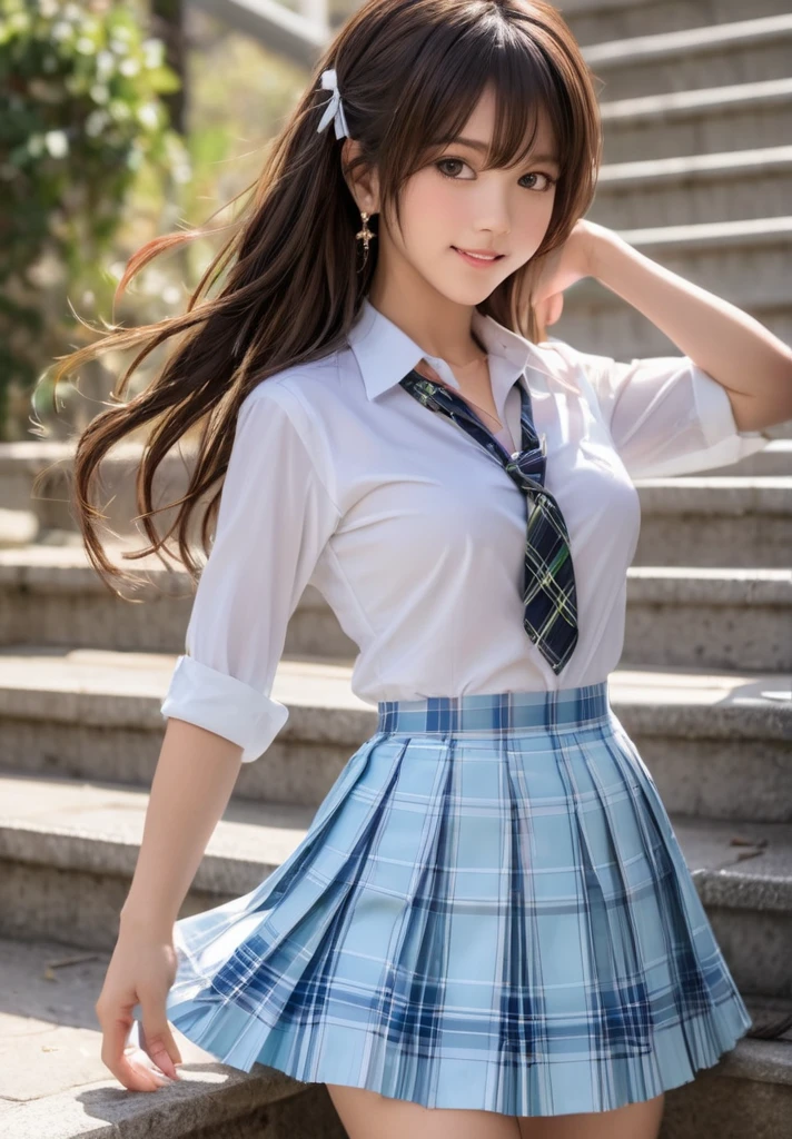 Raw photography:2、 Highest Quality、 realisitic:2、Photorealsitic:2、masterpiece、extremely delicate and beautiful、finely detail、ultra-detailliert、hight resolution、Textured skin、1girl in、(Solo:2.2)、(Alone:2.2)、Japanese high school girl、18year old、(From thigh up)、(beauitful face:1.7)、(Adult face:1.2)、tall、middlebreasts、Brown Long Hair、high school summer uniform、(darkblue miniskirt)、White short-sleeved shirt、neck tie、(Bare legs:1.4)、(Black loafers:1.2)、(white panties:1.3)、(Sky from below:2)、heavy wind、At SFW