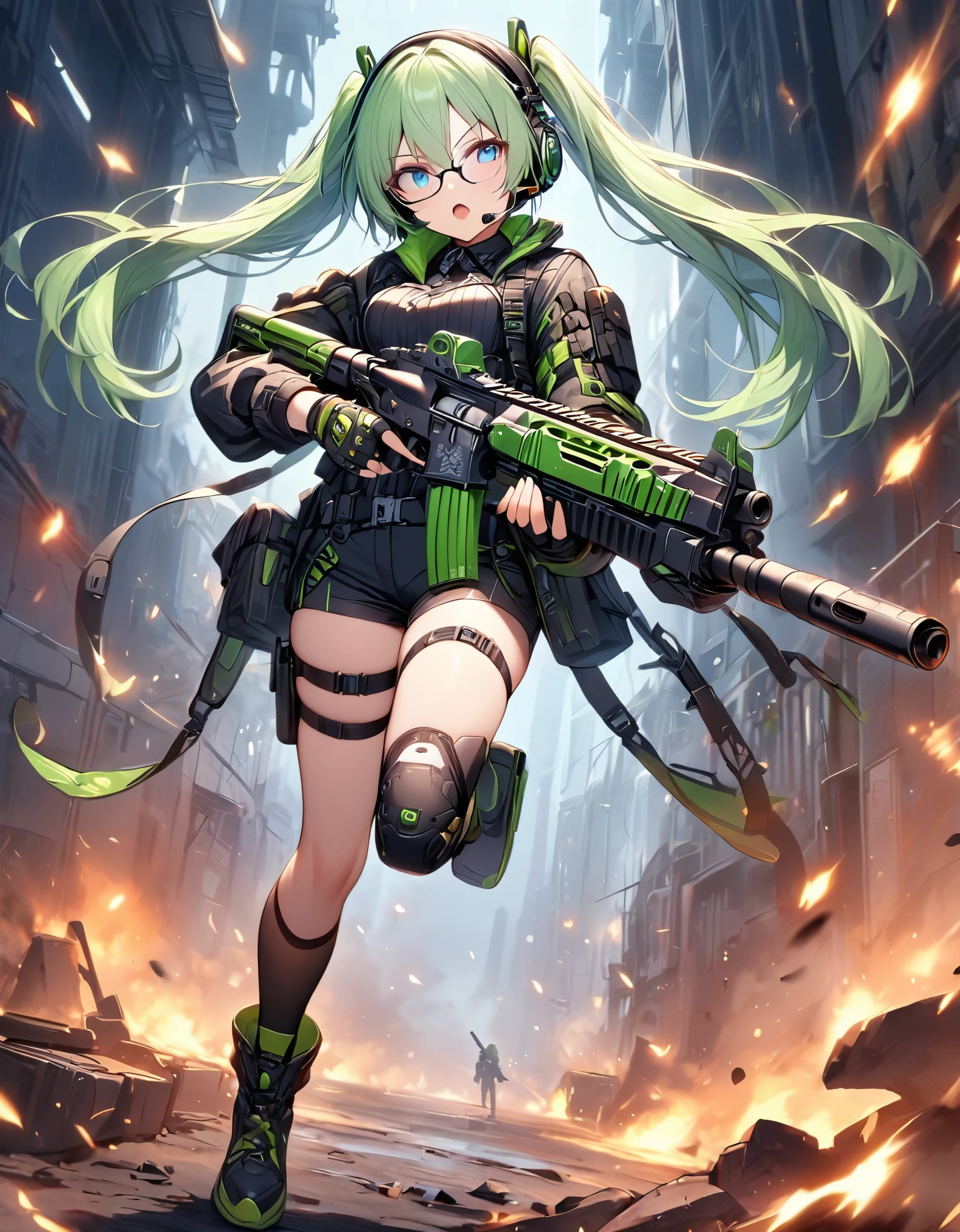 best quality, masterpiece, 1girl, assault rifle, blue eyes, full body, gloves, green hair, pigtails, gun, handgun, headset, holding gun, holding weapon, holster, kochiy sanae, open mouth, pistol, solo, thigh holster, thigh strap, trigger discipline, weapon, glasses, black shorts, black boots, fingerless gloves