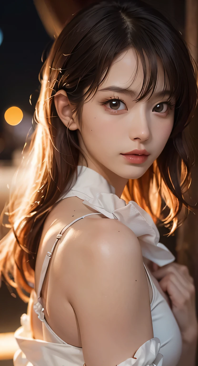 Masterpiece, 1 beautiful girl, Detailed eyes, Puffy eyes, Best quality, hyper HD, (reality: 1.4), Cinematic lighting, Japan, Asian beauty, Korean, Super beautiful, Beautiful skin, Slender, body facing front, (Ultra-realistic), (high resolution), (8K), (Very detailed), (Best Illustration), (Beautiful and detailed eyes), (Super detailed), (the wallpaper), Detailed face, Bright lighting, Professional lighting, looking at viewert, Staring straight ahead, The costume is a neat light orange shirt and dress, 46-point diagonal bangs, Night view, Black hair (Some orange hair with mesh), Nogizaka 46, Asuka Saito,