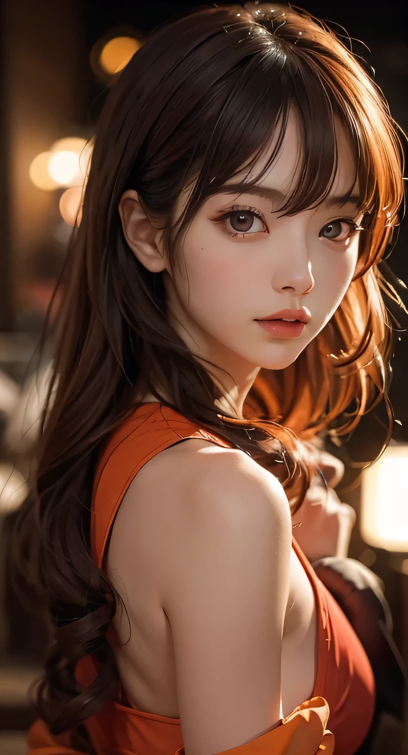 Masterpiece, 1 beautiful girl, Detailed eyes, Puffy eyes, Best quality, hyper HD, (reality: 1.4), Cinematic lighting, Japan, Asian beauty, Korean, Super beautiful, Beautiful skin, Slender, body facing front, (Ultra-realistic), (high resolution), (8K), (Very detailed), (Best Illustration), (Beautiful and detailed eyes), (Super detailed), (the wallpaper), Detailed face, Bright lighting, Professional lighting, looking at viewert, Staring straight ahead, The costume is a neat light orange shirt and dress, 46-point diagonal bangs, Night view, Black hair (Some orange hair with mesh), Nogizaka 46, Asuka Saito,