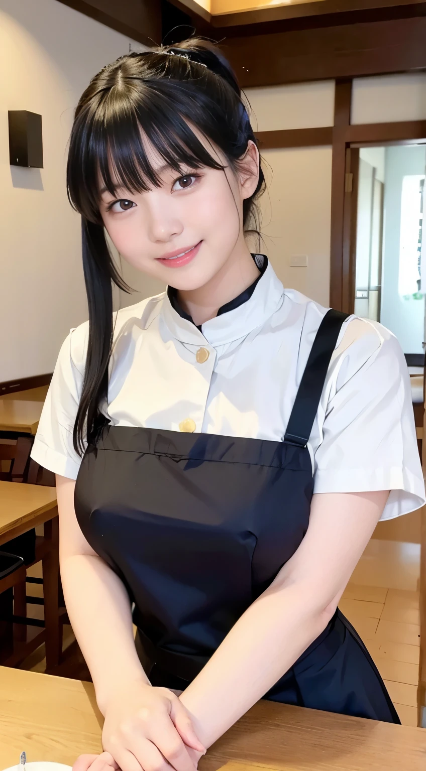(highest quality,masterpiece:1.3,ultra high resolution,),(Super detailed,caustics),(Photoreal:1.4,RAW shooting,)ultra-realistic capture,very detailed,High resolution 16K human skin close-up。 natural skin texture、,The pores are、、、、Must be detailed enough to be easily identified。 Skin should look even-toned and healthy。 Use natural light and color,restaurant,waitress uniform,1 girl,Japanese,18-year-old,cute,black haired,ponytail,big breasts,smile,turn your body forward,(Front view:1.1),look at the camera,cowboy shot,