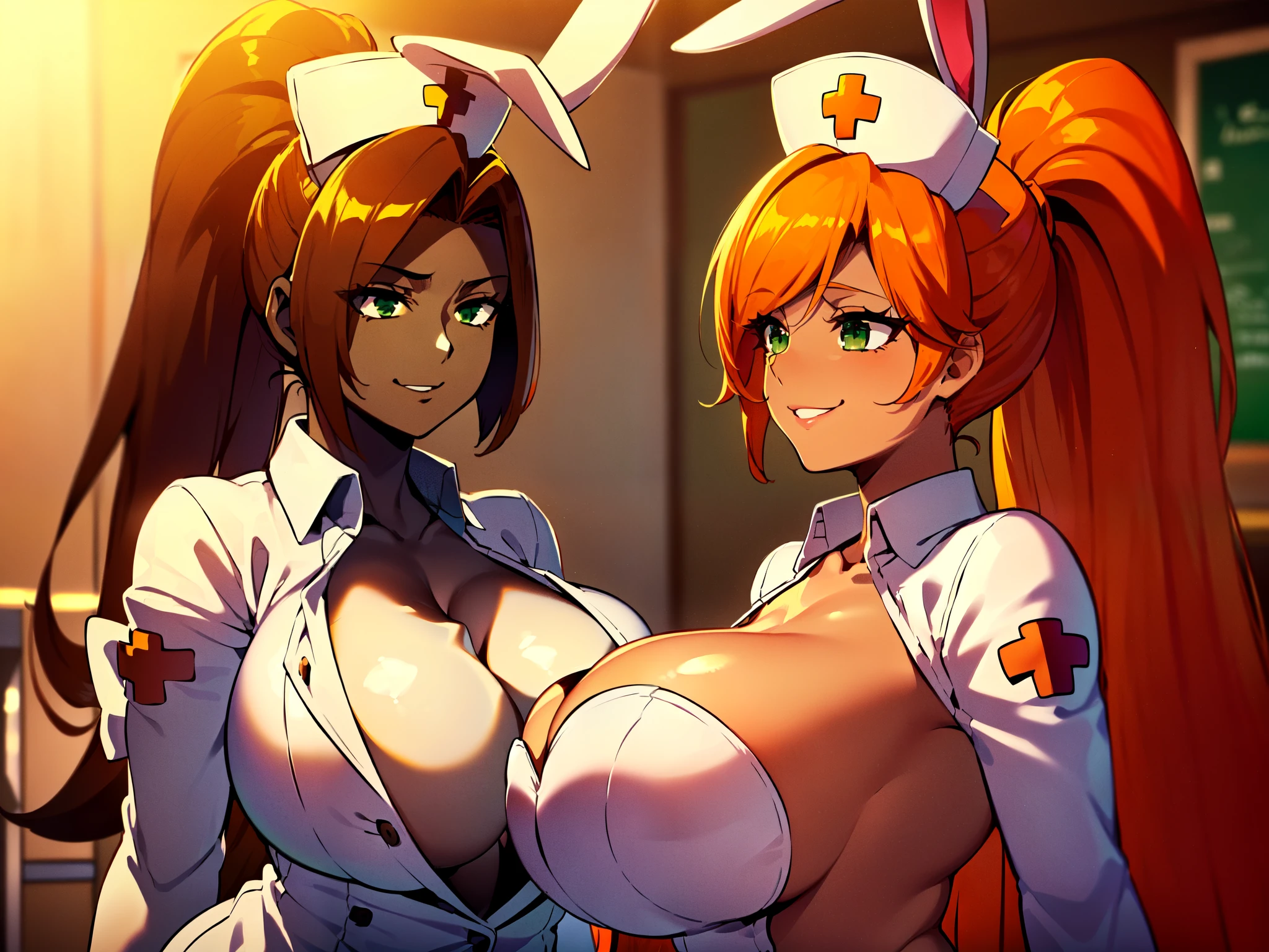 masterpiece, best quality, extremely detailed, 2girls, milf, (dark skin, brown skin:2), terrarianurse, (huge breasts:1.5), ((((orange hair), very long hair, ponytail, green eyes))), parted lips, (((nurse cap, playboy bunny, rabbit ears))), ((naughty smile), closed mouth), ((hospital, indoor)) 