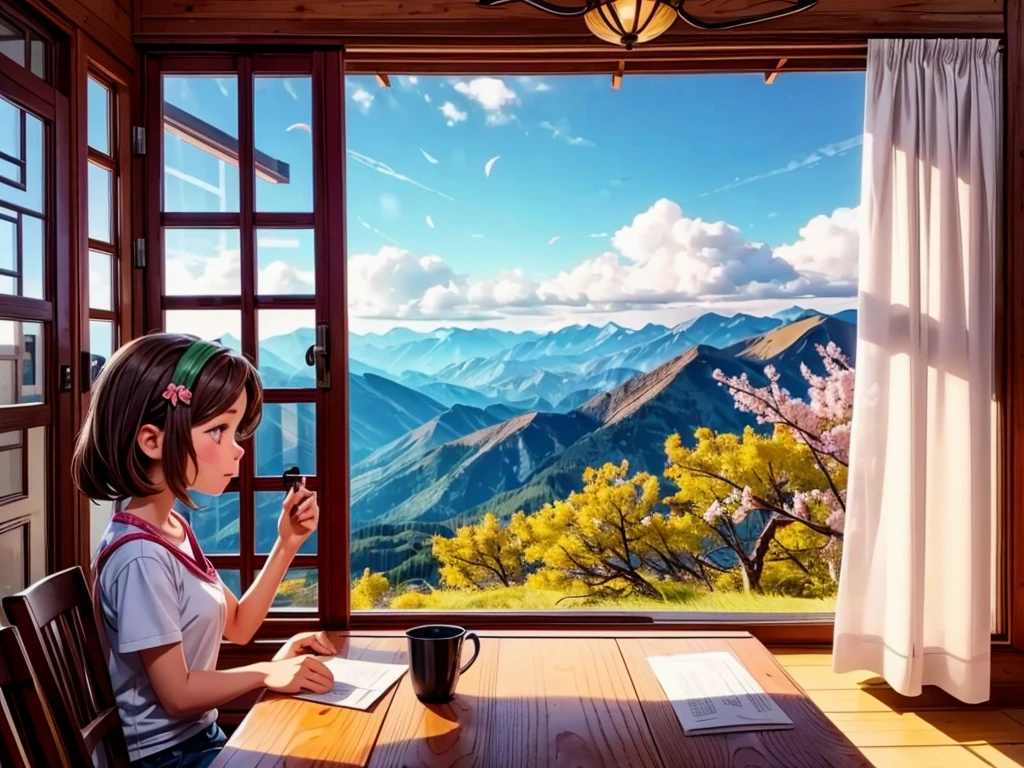 From the window of the mountain hut, you can see the lush green mountains and cherry blossoms in full bloom, the blue sky, white clouds, and the refreshing spring breeze coming into the room and shaking the curtains.  A girl sitting and viewing cherry blossoms