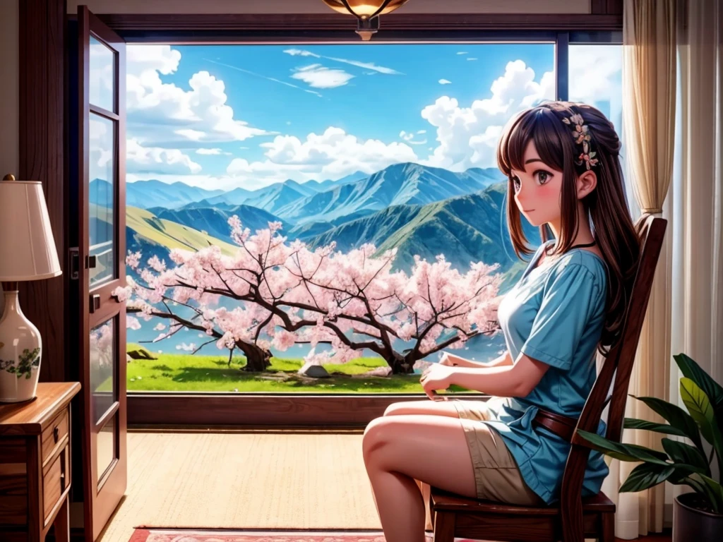 From the window of the mountain hut, you can see the lush green mountains and cherry blossoms in full bloom, the blue sky, white clouds, and the refreshing spring breeze coming into the room and shaking the curtains.  A girl sitting and viewing cherry blossoms